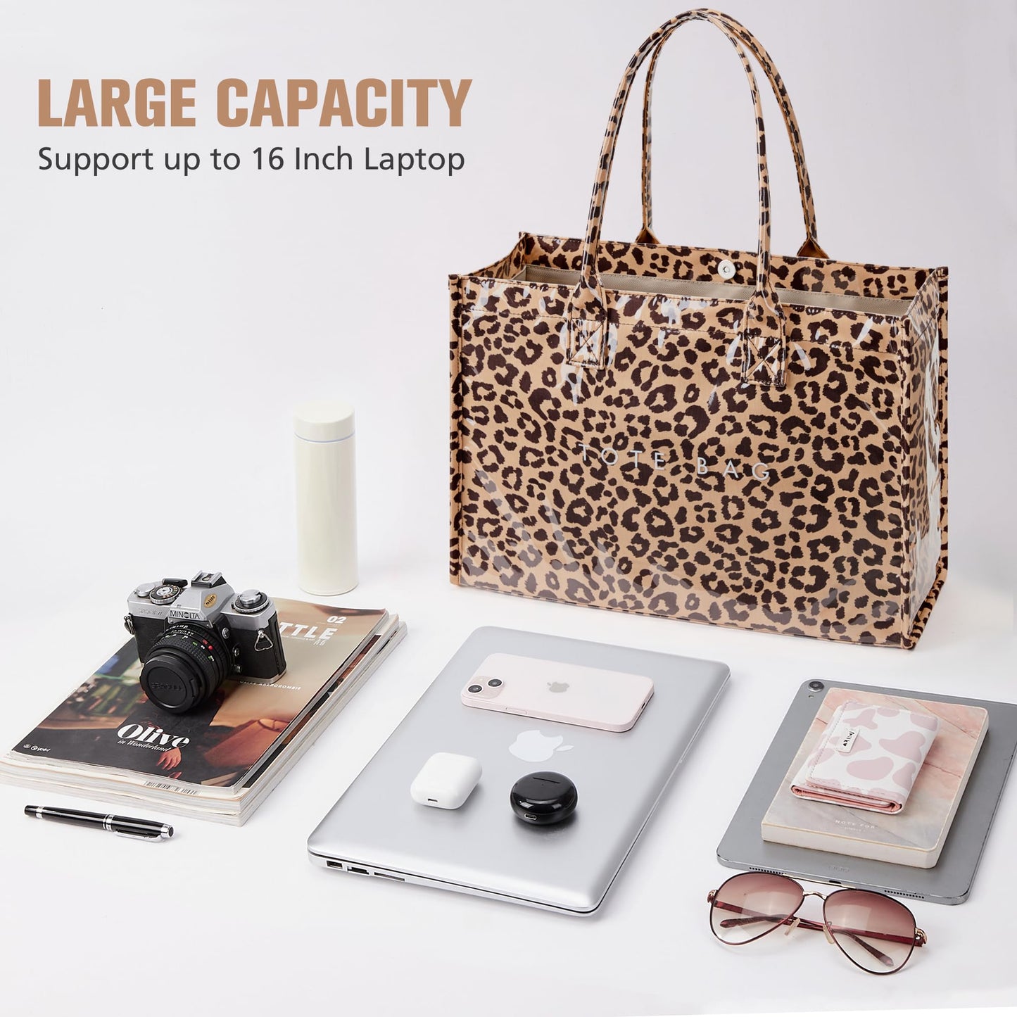 KALIDI PVC Tote Bag Women’s Kraft Paper Work Handbags Purses with Top Handle,Leopard