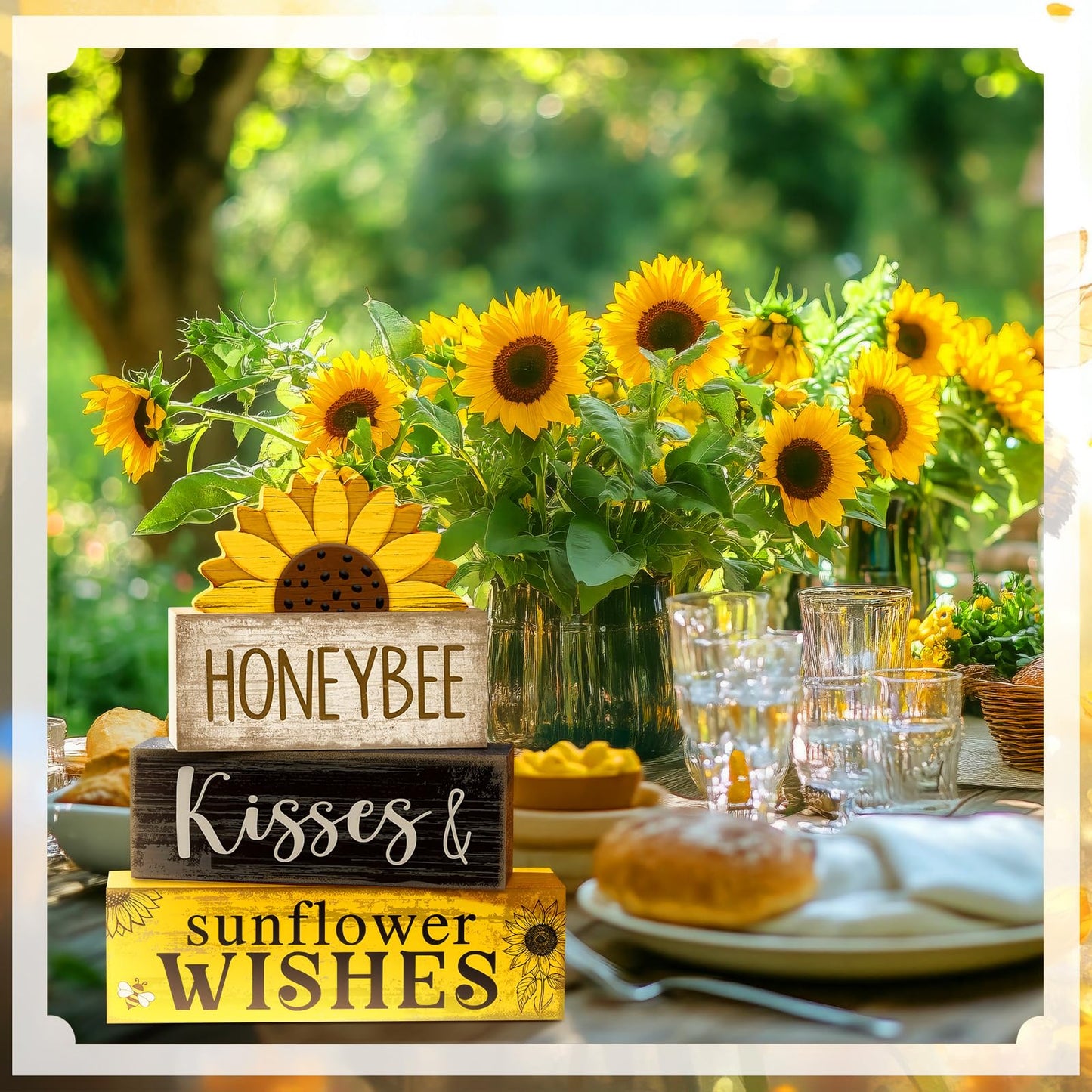 Lineshading 4 Pcs Summer Table Decor Wooden Sunflower Tiered Tray Decor Rustic Farmhouse Yellow Block Signs Gifts Summer Tabletop Centerpieces for Home Kitchen Coffee Bar Decorations
