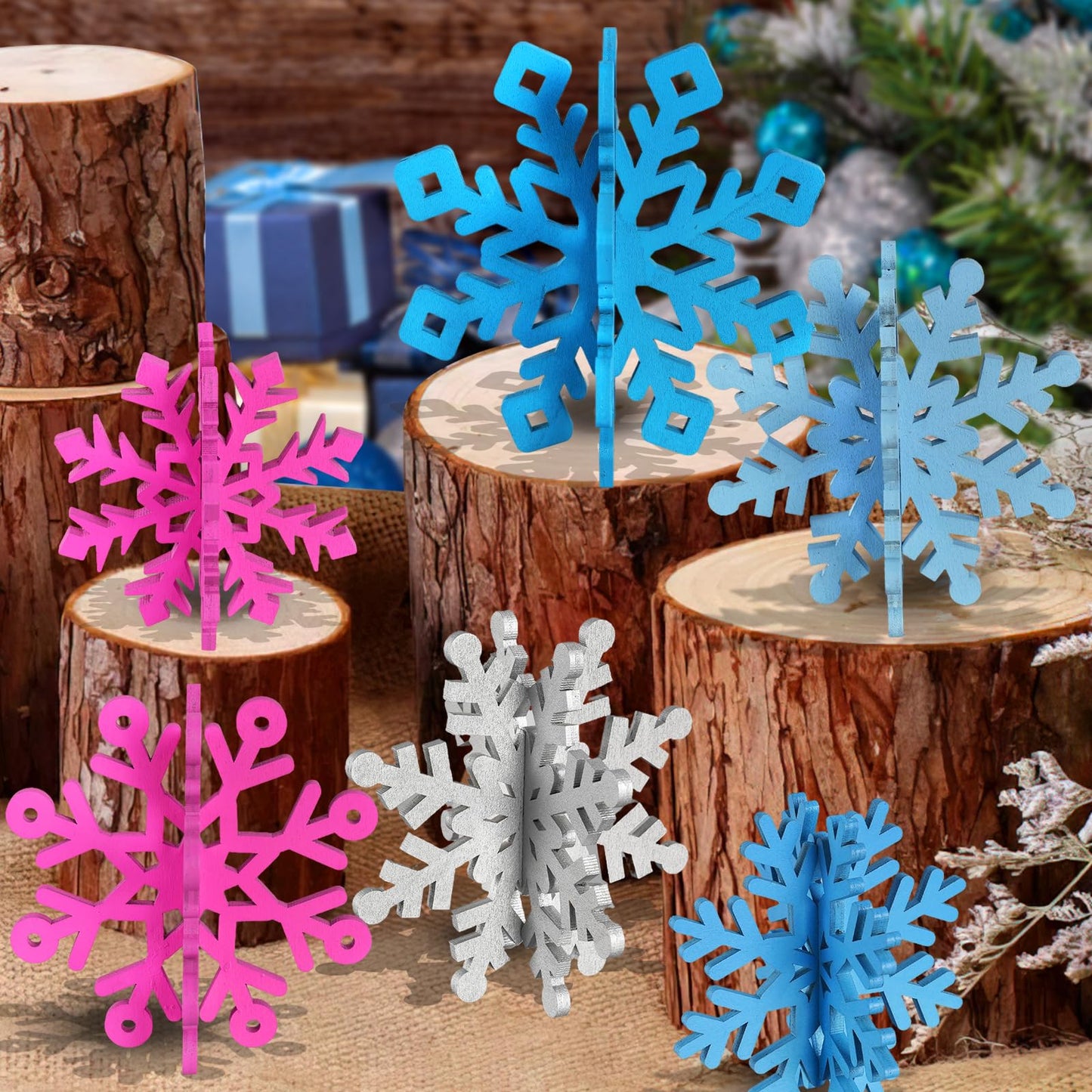 OuMuaMua 6 Sets Snowflake Christmas Table Decorations - 12pcs Blue Fuchsia Purple Sliver Wooden 3D Snowflake Decor Tabletop Centerpieces for Christmas Winter Wonderland Party Supplies Home