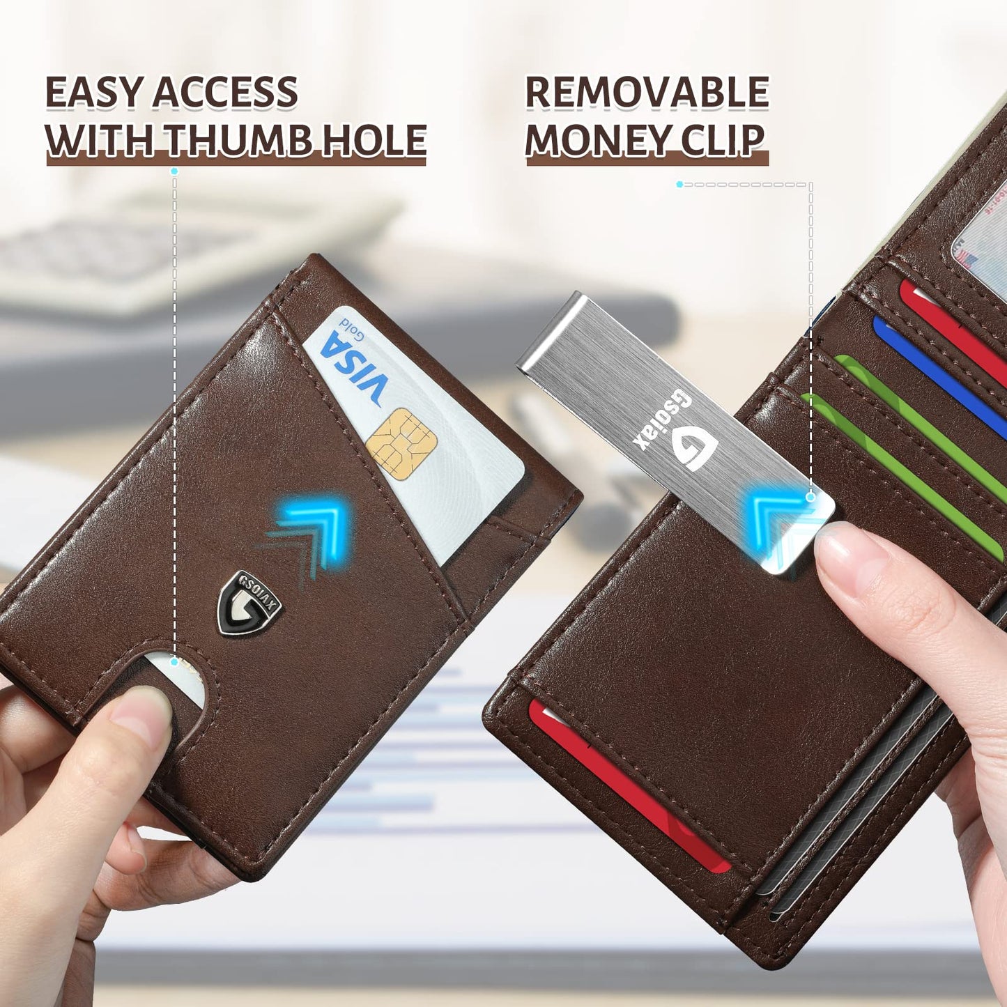 GSOIAX Slim Leather RFID Bifold Wallet for Men Minimalist Front Pocket Wallet with Money Clip,12 Card Slots,ID Window,Cool Groove Design,Includes Gift Box (Leather Brown)
