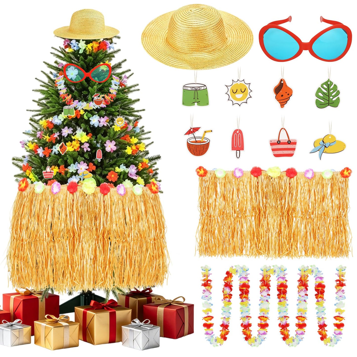 12Pcs Summer Christmas Tree Decorations Include Tassel Grass Skirt Oversized Sunglasses Beach Hat Flower Banner and Summer Tree Hanging Ornaments for Christmas in July Hawaiian Beach Party Supplies