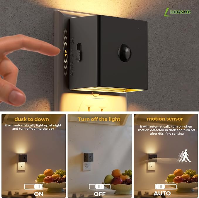 L LOHAS LED Motion Sensor Night Light,[4-Pack] Plug in Night Light with Dusk to Dawn Sensor,Brightness Adjustable,3000K Soft White Nightlight for Bathroom Hallway Kitchen
