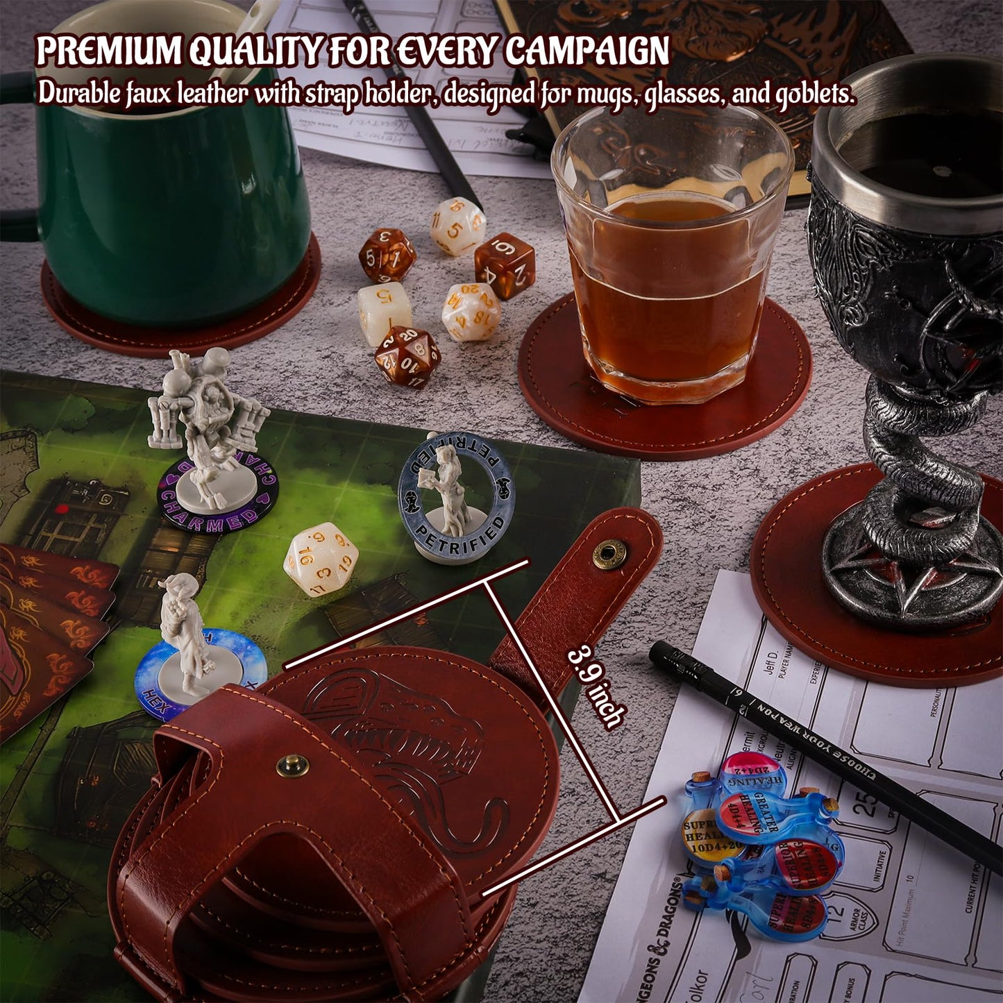CZYY DND Coaster Set, Set of 6 Faux Leather Coasters with Storage Holder, Embossed with Dragon, Beholder, Mimic, Cthulhu, D20 & Dungeon Master, DND Inspired Gift for DM & Gamer