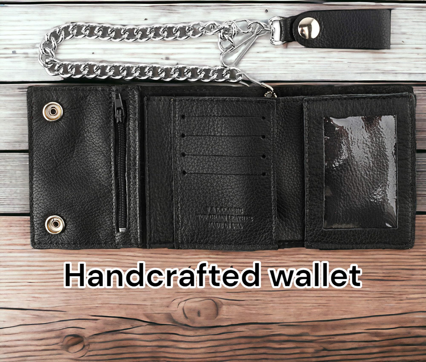 RFID Blocking Men's Tri-fold Vintage Biker Cowhide Leather Steel Chain Wallet,Snap closure, Made In USA,GL315,black