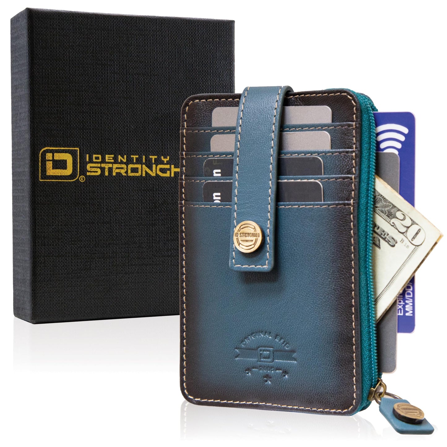 ID Stronghold RFID Blocking Front Pocket Wallet – Slim Minimalist Genuine Leather Wallet with Zipper Coin Pocket (Mega Blue)