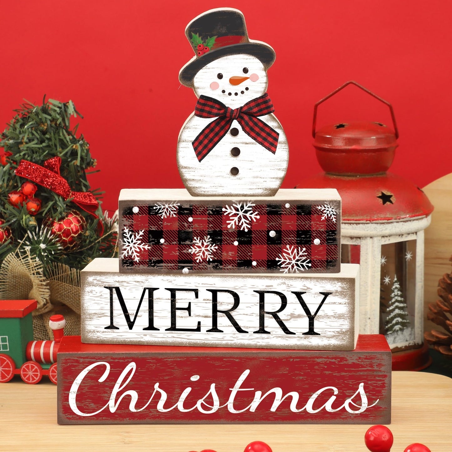 4 Pcs Christmas Table Decoration Snowman Wooden Block Merry Christmas Wood Centerpiece Xmas Red Buffalo Plaid Tabletop Sign Xmas Rustic Farmhouse Tiered Tray Decor for Winter Party Home Shelf Decor