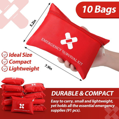 Geiserailie 10 Pack Mini First Aid Kit for Home Car Travel Camp Outdoor Back to School Sports Hiking Emergency Small First Aid Kit Travel Size Bulk Self Care Package 10 Individual Bag of 91 Items Each