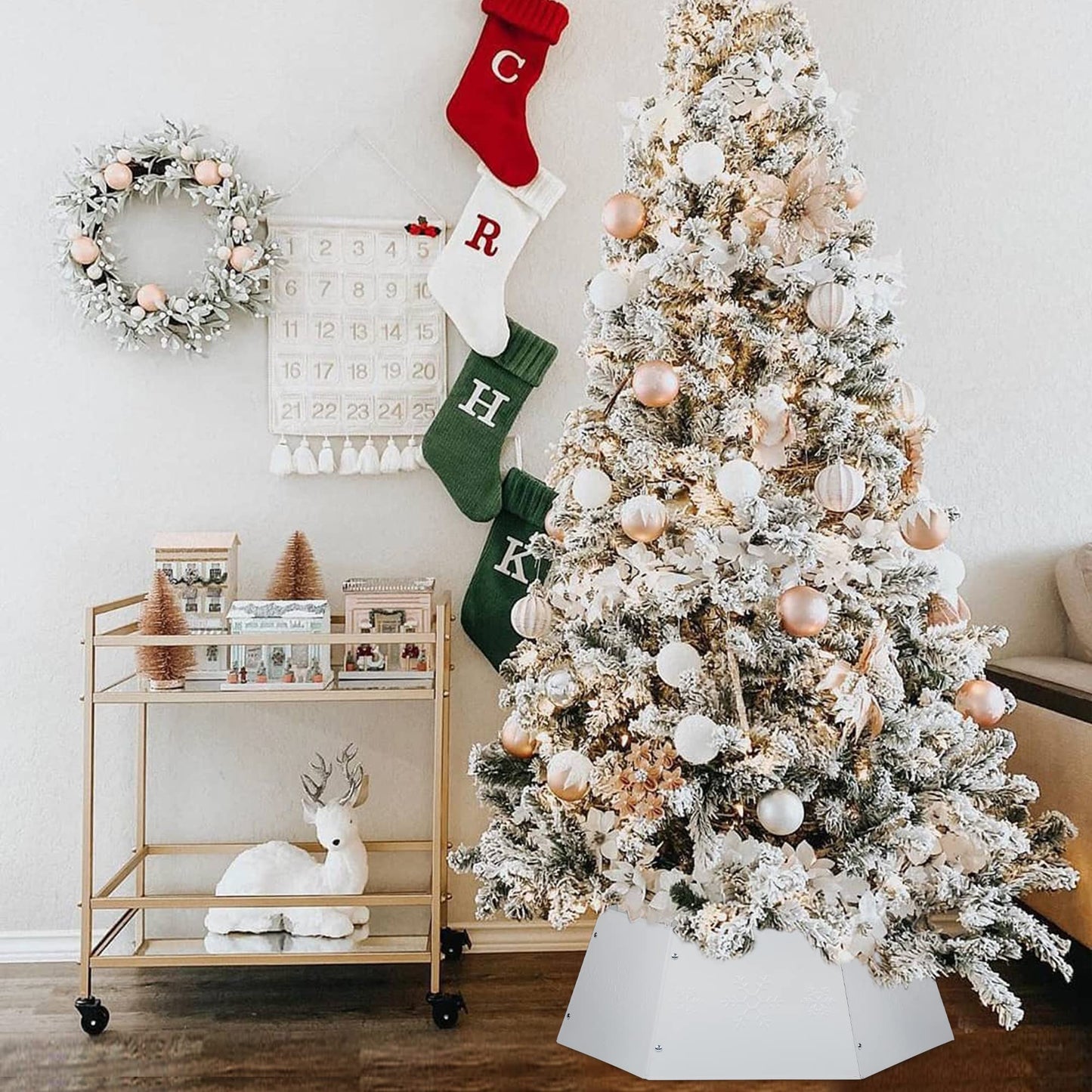 FORUP Metal Christmas Tree Ring, Christmas Tree Collar with Printed Snowflake, Christmas Tree Skirt Base Stand for Christmas Decorations (Cream White)