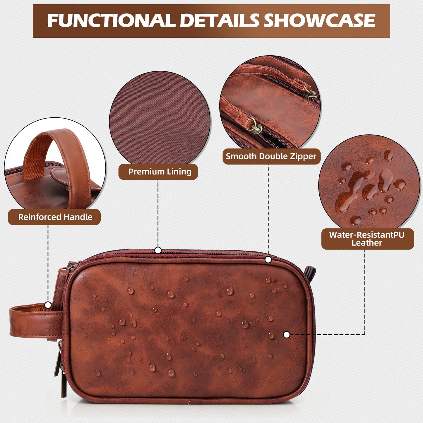 Ecttunafe Engraved Father Day Gifts Toiletry Bag for Men Dad Husband, Custom Initial PU Leather Waterproof Toiletry Organizer Dop Kit Shaving Bag Travel Essentials, Large, Durable, Brown,V