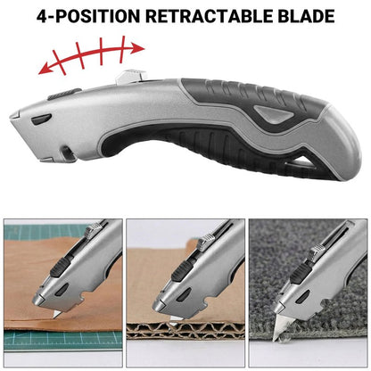 Box Cutter Retractable with Built-In Blade Storage & Wire Stripper, Heavy-Duty Utility Knife safety, Metal Alloy Body, Ergonomic Non-Slip Rubber Grip, Quick Change Blade Razor Knife (Matte Gray)