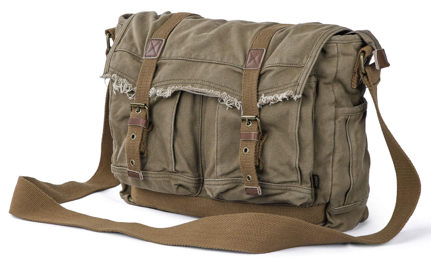 GOOTIUM Canvas Messenger Bag - Vintage Shoulder Bag Frayed Style Boho Purse, Field Tan