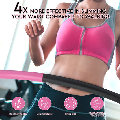Weighted Hula Hoop for Adults - 2.8lb Detachable Exercise Hoop - Fun & Portable Fitness Circle with Jump Rope, Resistance Band & Carry Bag (Black/Pink)