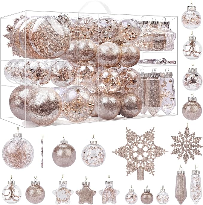 SHareconn 86PCS Christmas Tree Ornaments Clear Set,Shatterproof and Clear Plastic Baubles for Xmas Tree Decor, Holiday Wedding Party Decoration,Champagne