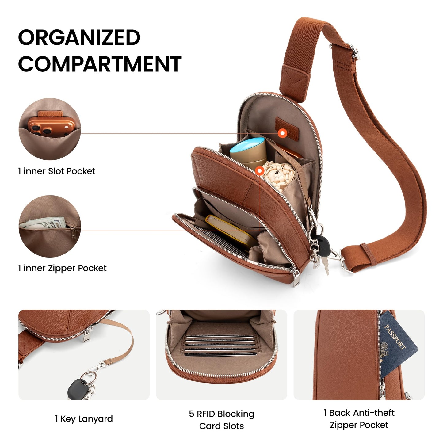 befen Genuine Leather Sling Bag for Women, Anti Theft Crossbody Purses with Built in RFID Wallet, Crossbody Sling Bag for Travel with Card Slots, Small Crossbody Bags for Daily Brown