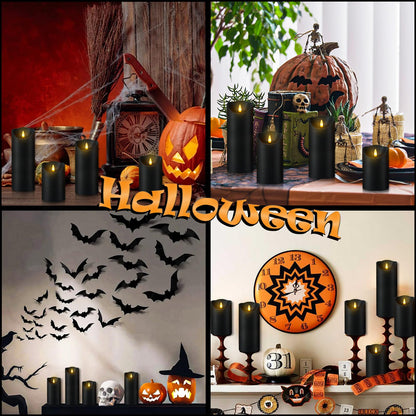 Fo32won Flameless Flickering Candles with Remote Timer, Set of 6 Led Black Battery Operated Candles for Home Decor Xmas Halloween (D3 x H3 3" 4" 5" 6" 7")
