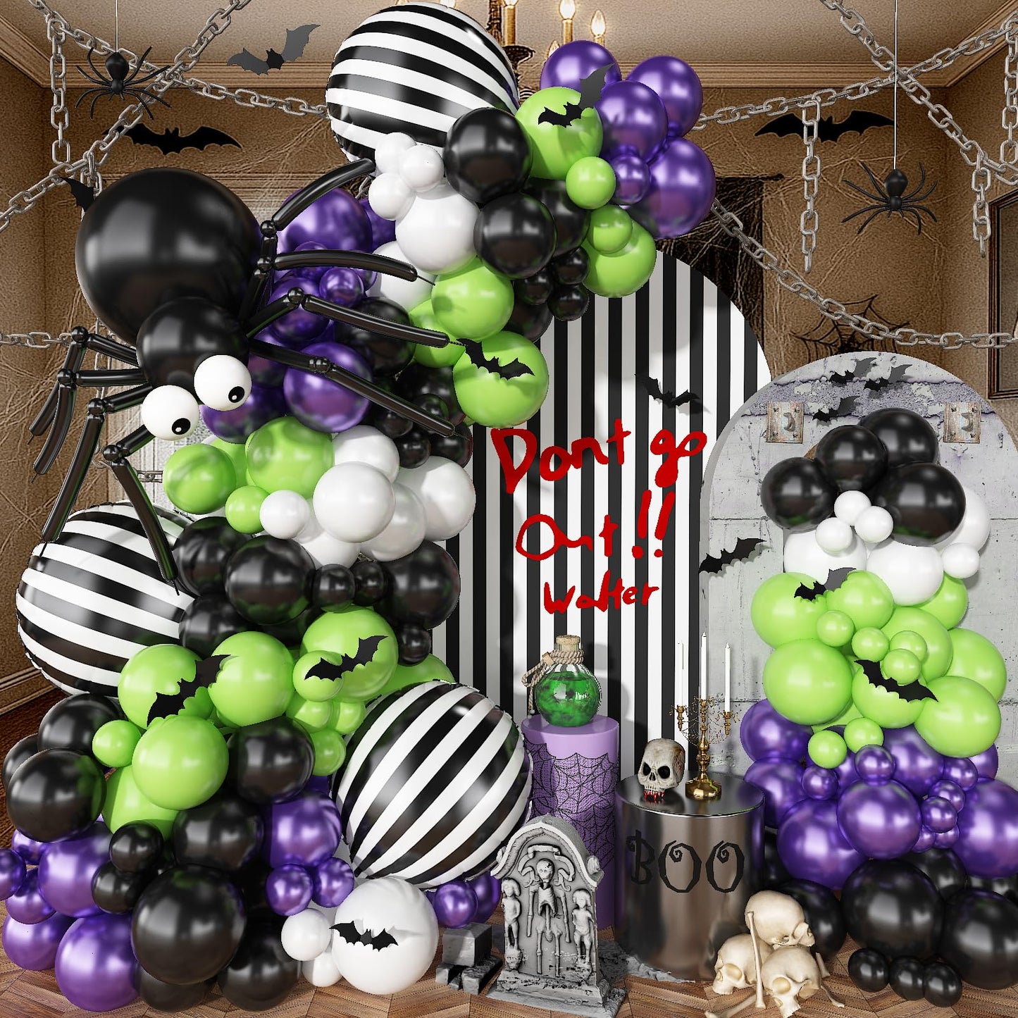 Halloween Balloons Garland Arch Kit, 120pcs Black White Green Purple Balloons, Metallic Purple Spider Striped Foil Balloon 3D Bat Stickers for Happy Halloween Birthday Haunted Theme Party Decorations