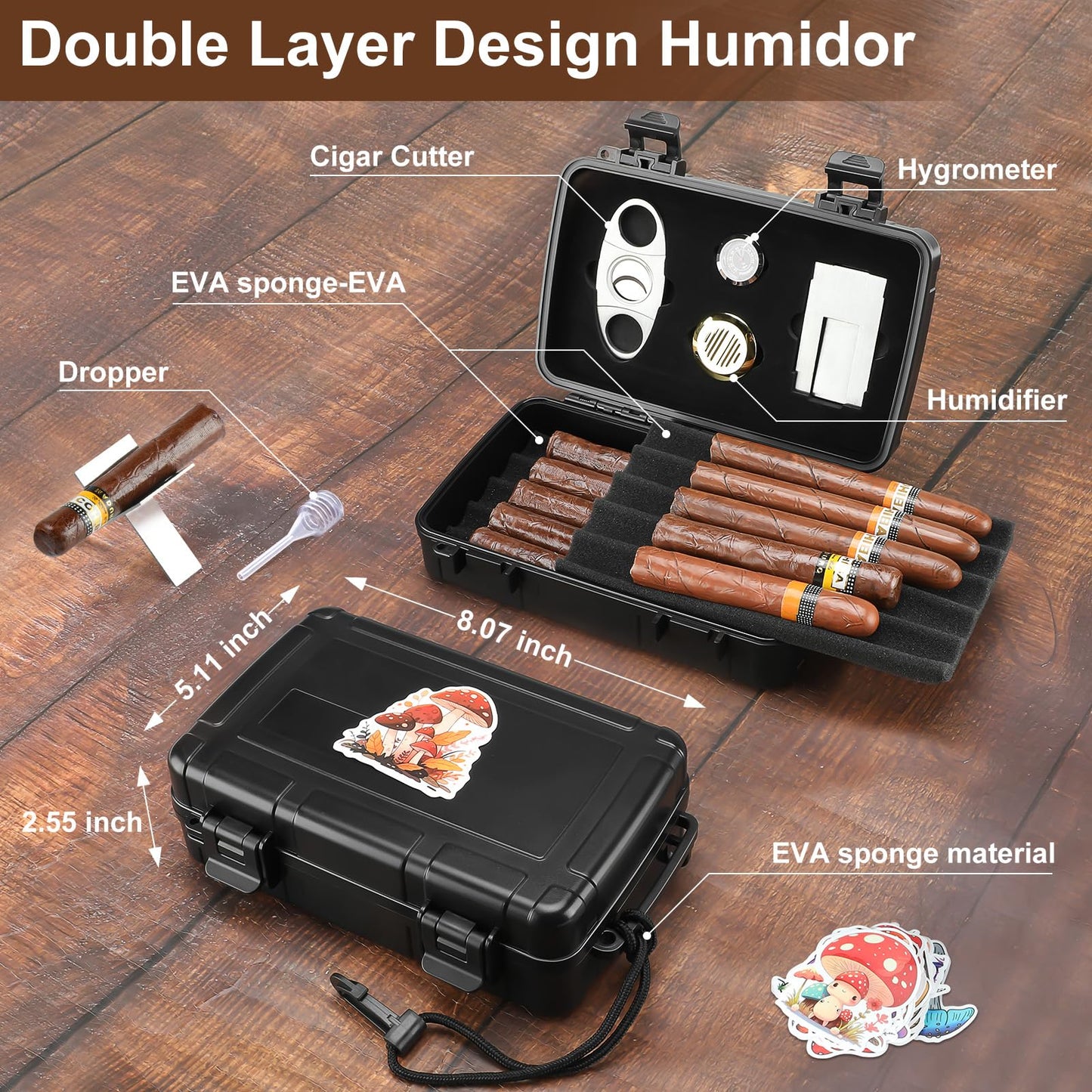 Kyrgyzst Travel Cigar Case Holds 10 Cigars, Portable Cigar Humidor includes Cigar Cutter, Humidifier, Hygrometer - Cigar Accessories Set for Men (Black)