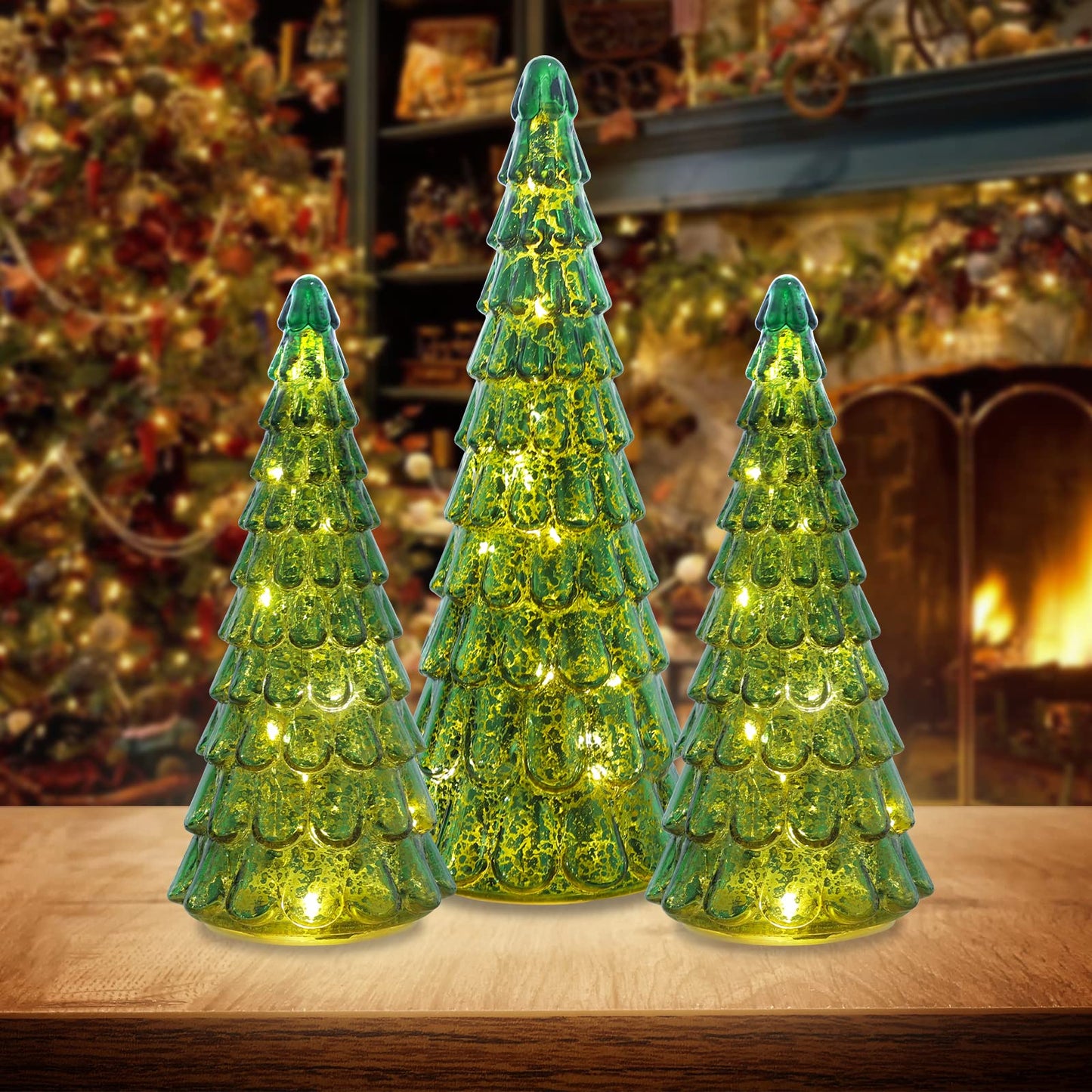 PHITRIC Christmas Decorations Indoor, 3 pcs Sparkling Glass Christmas Tree with LED Lights and Timer, Tabletop Christmas Tree Decor, Xmas Tree Decorations for Living Room, Fireplace, Table, Home