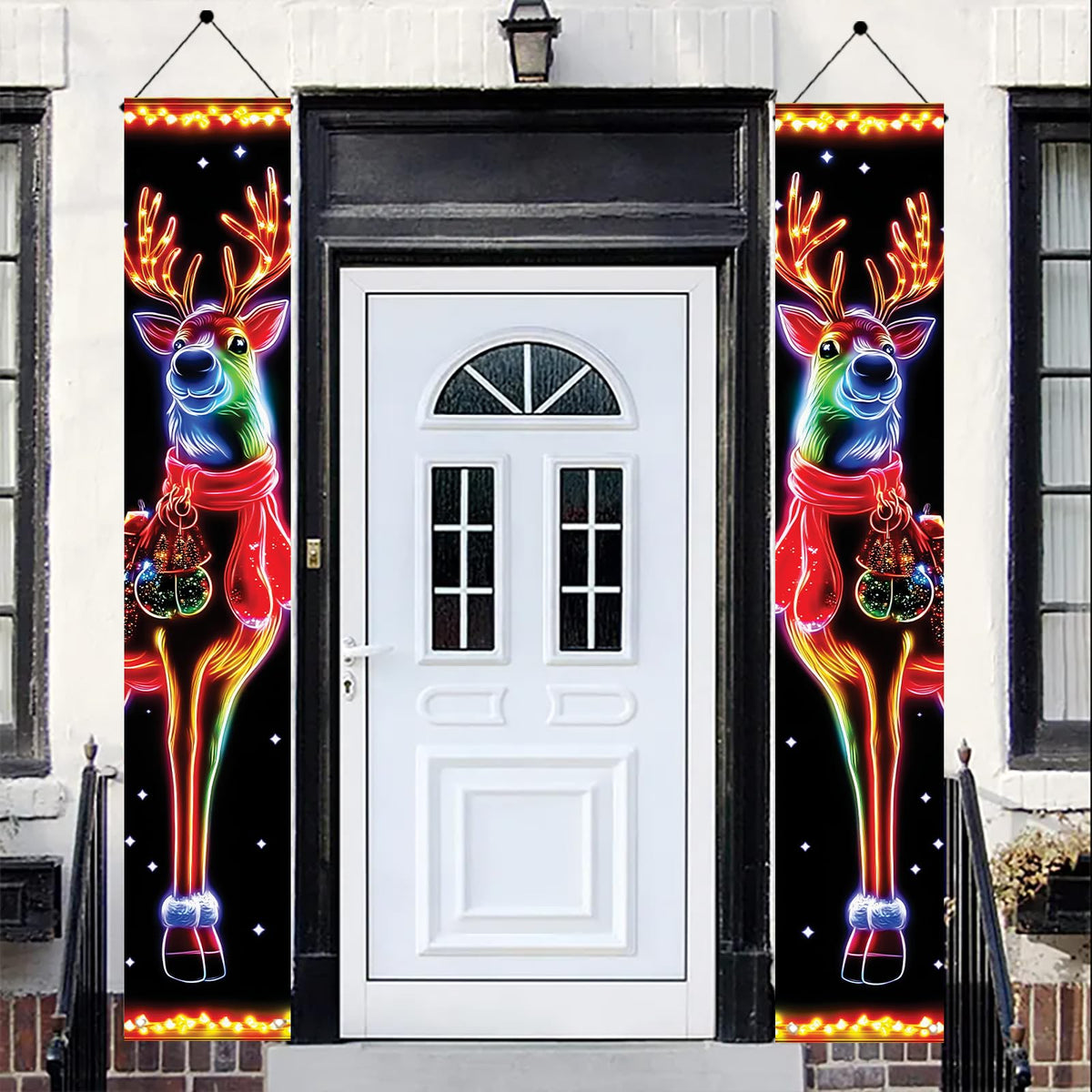 Saoplasa 2PCS Christmas Porch Banners 71 x 12 Inch Neon Reindeer Holiday Door Decorations LED Style Lighted Outdoor Hanging Signs for Xmas Party Front Entryway Yard Wall Festive Winter Welcome Display