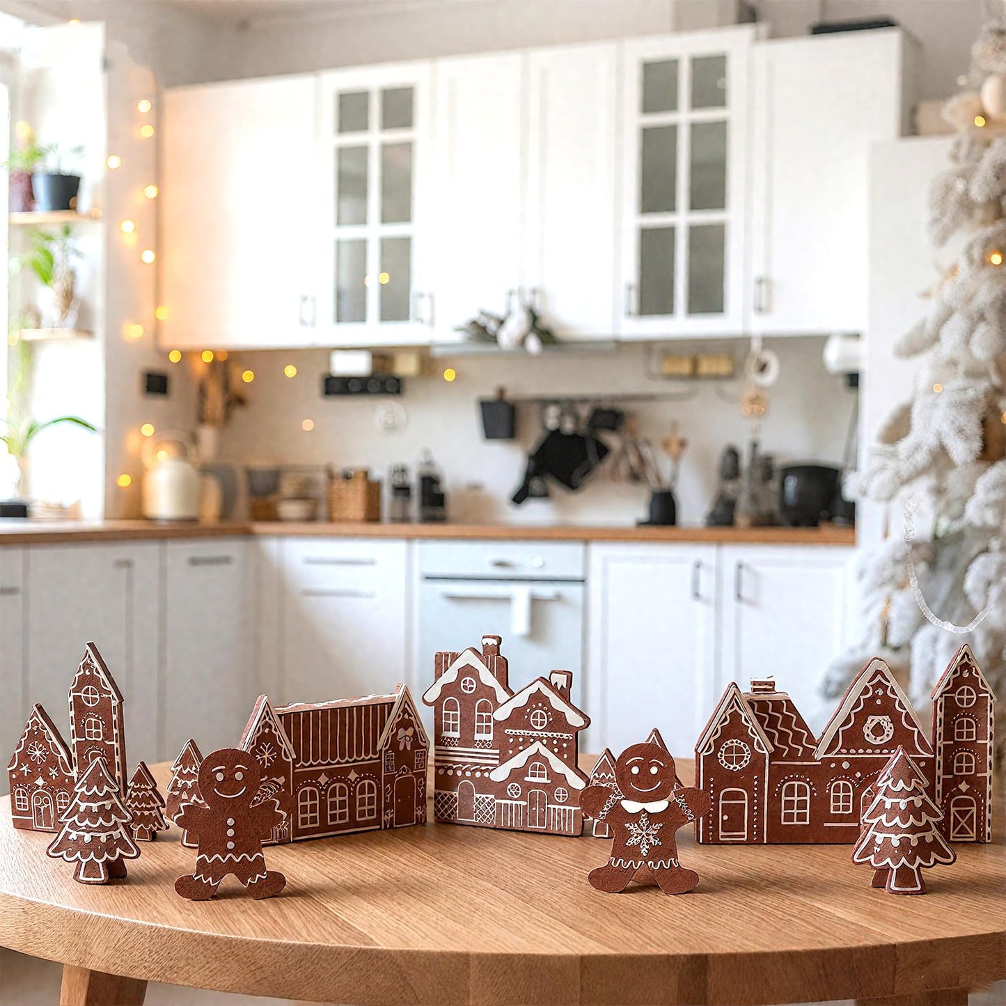 Colingmill 32 Inch Christmas Tabletop Decoration Wooden Christmas Gingerbread Man Themed Xmas Tree and House Signs Farmhouse Centerpiece Decor for Home Kitchen Table Shelf Decor
