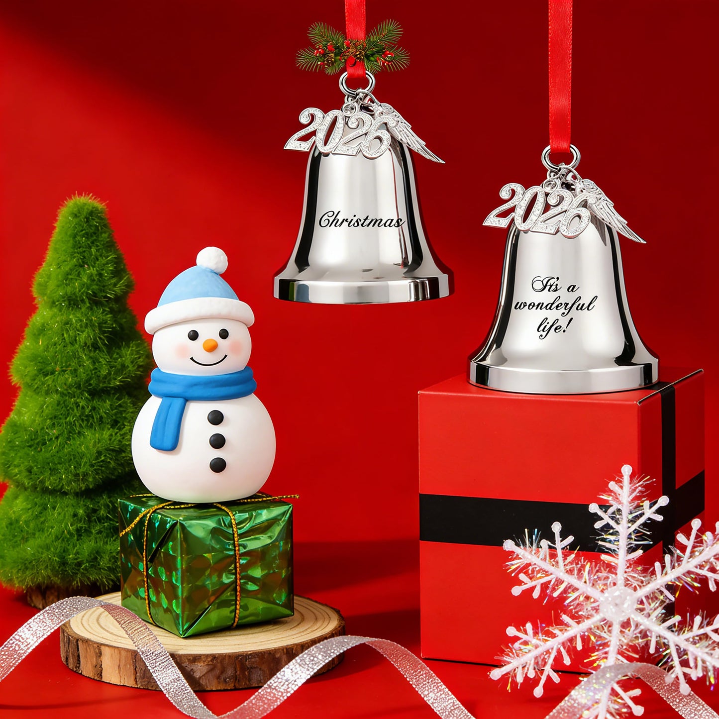 JUPPE 2026 Silver It's A Wonderful Life Christmas Bell Ornament for Christmas Tree Wedding Anniversary Decoration with Angel Wings, Hanging Bell for Door Opening, Crafts & Holiday Decor (Silver Bell)