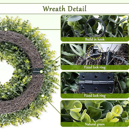 24 Inch Large Boxwoods Green Spring Artificial Wreath for Front Door, Year Round Spring Summer Winter Wreaths for Wall Window Porch Home Farmhouse Wedding Outdoor Outside Indoor Decorations