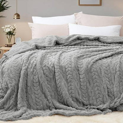 PHF Fluffy Sherpa Blanket Queen Size for Winter, Warm and Soft, 510GSM 3D Jacquard Thick Shaggy Fleece Plush Blanket for Sofa Bed, Grey, 90"x90"
