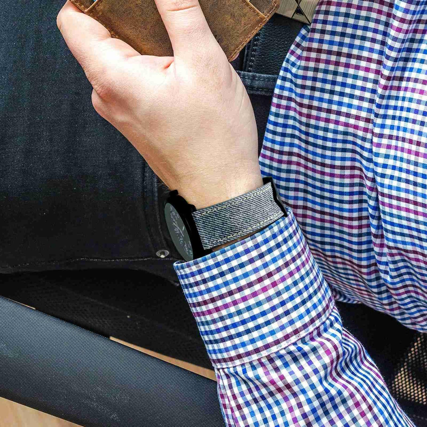WOCCI 18mm Watch Band, Italian Leather, Denim Pattern, Black Buckle (Ash Blue)