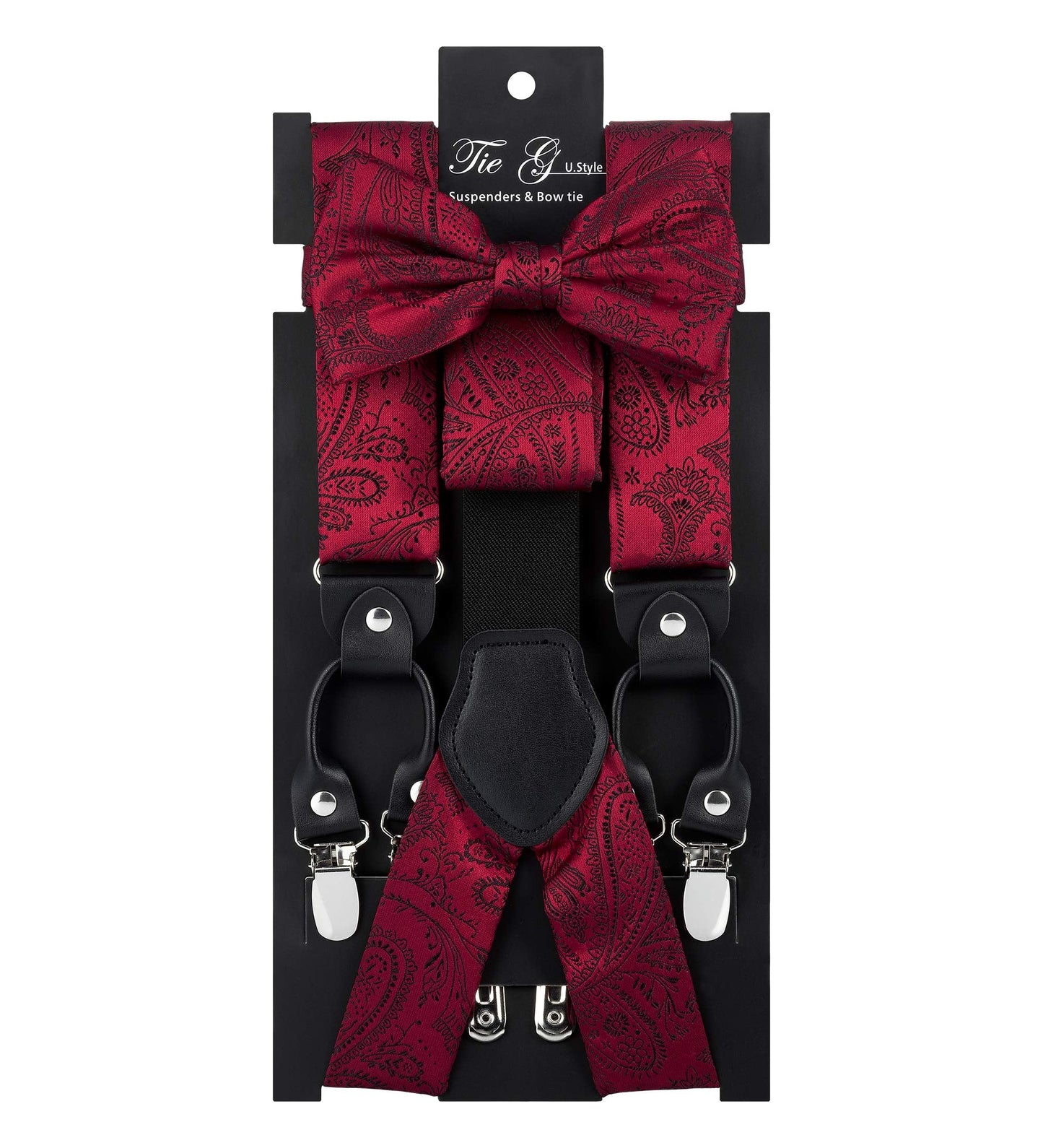 TIE G Paisley Suspender, Bow Tie, Pocket Square Set for Men's Tuxedo Suspenders : Adjustable Braces, Strong Enhanced 6 Clips (A Wine Paisley)