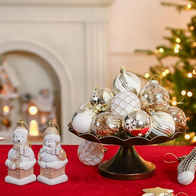 Alupssuc 112pcs Christmas Balls Ornaments Set, Shatterproof Plastic Baubles Christmas Penguin, Polar Bear for Xmas Tree Holiday Wedding Party Decorations with Hanging Strings, Gold and White