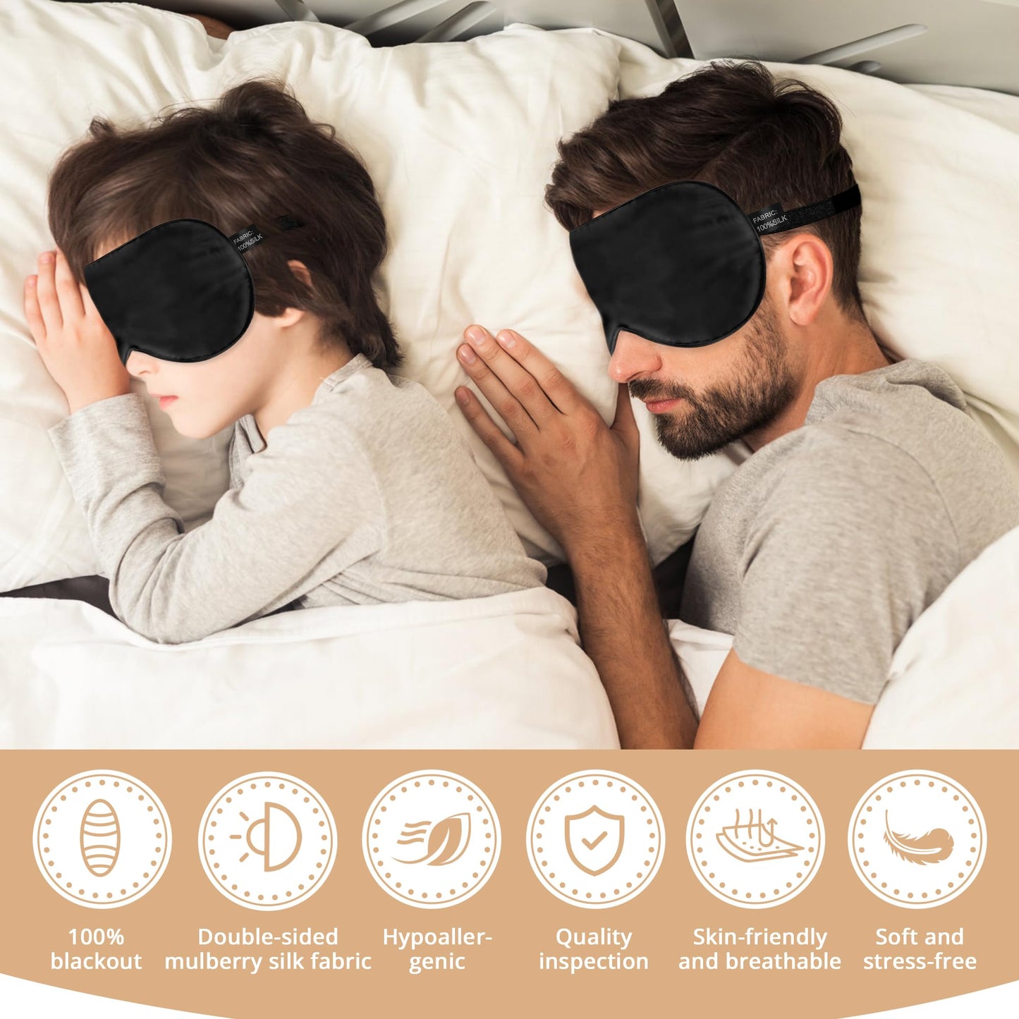 Kids Sleep Mask Eye Cover, 100% Real Natural Pure Silk Eye Mask with Adjustable Strap, Blindfold Kids Eye Mask for Sleeping, Eye Shade for Boys Girls and Adult, Pressure-Free Comfort (Black)
