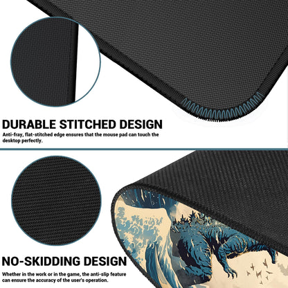 ProbTis Japanese Mouse Pad, Kanagawa Great Wave Mouse Pad, XXL Anime Gaming Keyboard Mat, Stitched Edges Rubber Base, XXL Big Extended Desk Protector for Home Office, 35.4”x15.7” (Sea Wave - Monster)