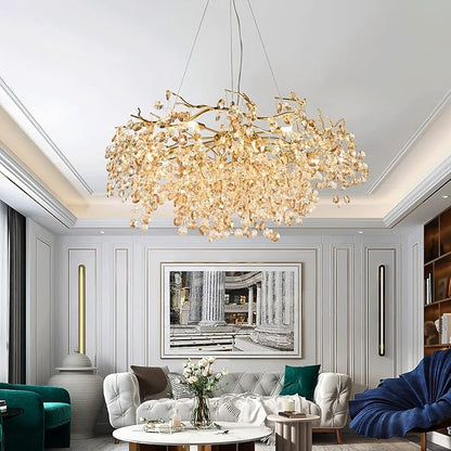Modern Crystal Chandelier, Rectangular Gold Tree Branch Chandeliers, Luxury Raindrop Ceiling Light Fixture for High Ceiling, Dining Room, Kitchen, Office, Living Room