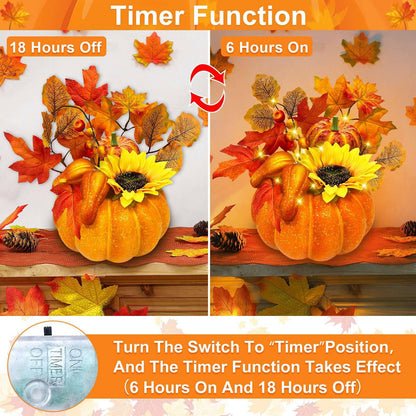 [Timer & Prelit] Thanksgiving Decorations Pumpkin Decor, Artificial Fake Pumpkin with Maples Leaves Sunflower Berried 20 LED Warm White Lights Fall Centerpieces for Tables Home Kitchen Porch Indoor