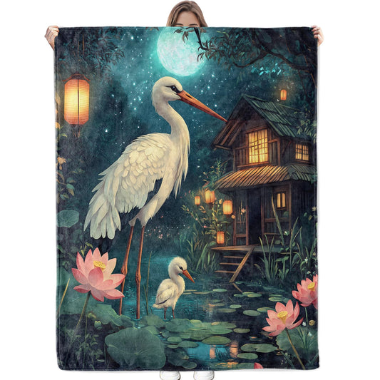 Bidesk Pretty Crane Blanket Soft Flannel Throw Blanket, Cozy & Warm Yet Lightweight Blankets for Travel, Couch, Bed, for Men Women Adults, Fuzzy Outdoor Comfort Wrap 60"×50"