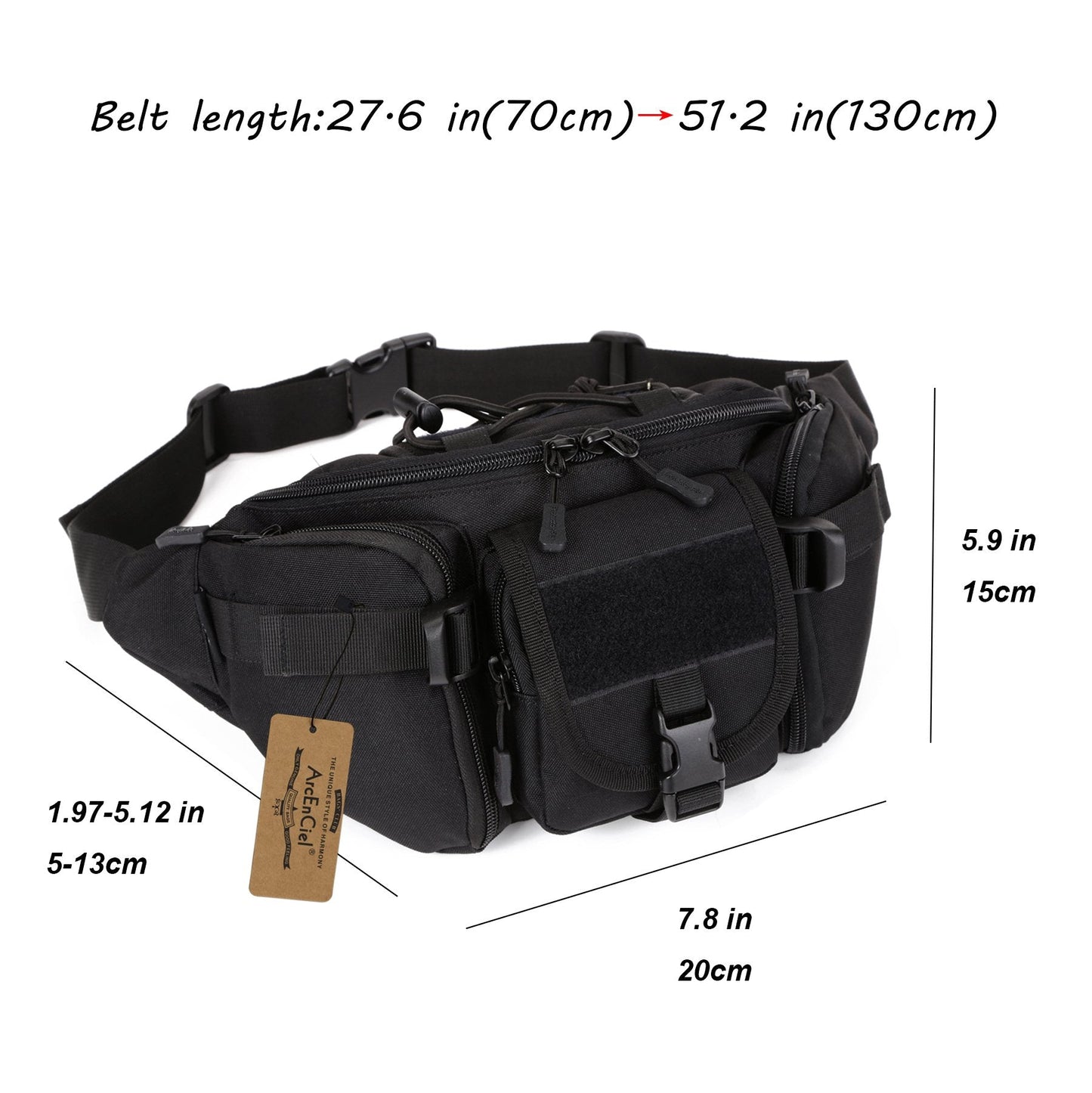 ArcEnCiel Tactical Fanny Pack for Men Women Waist Bag Hip Belt Outdoor Hiking Fishing Bumbag with Patch (Black)
