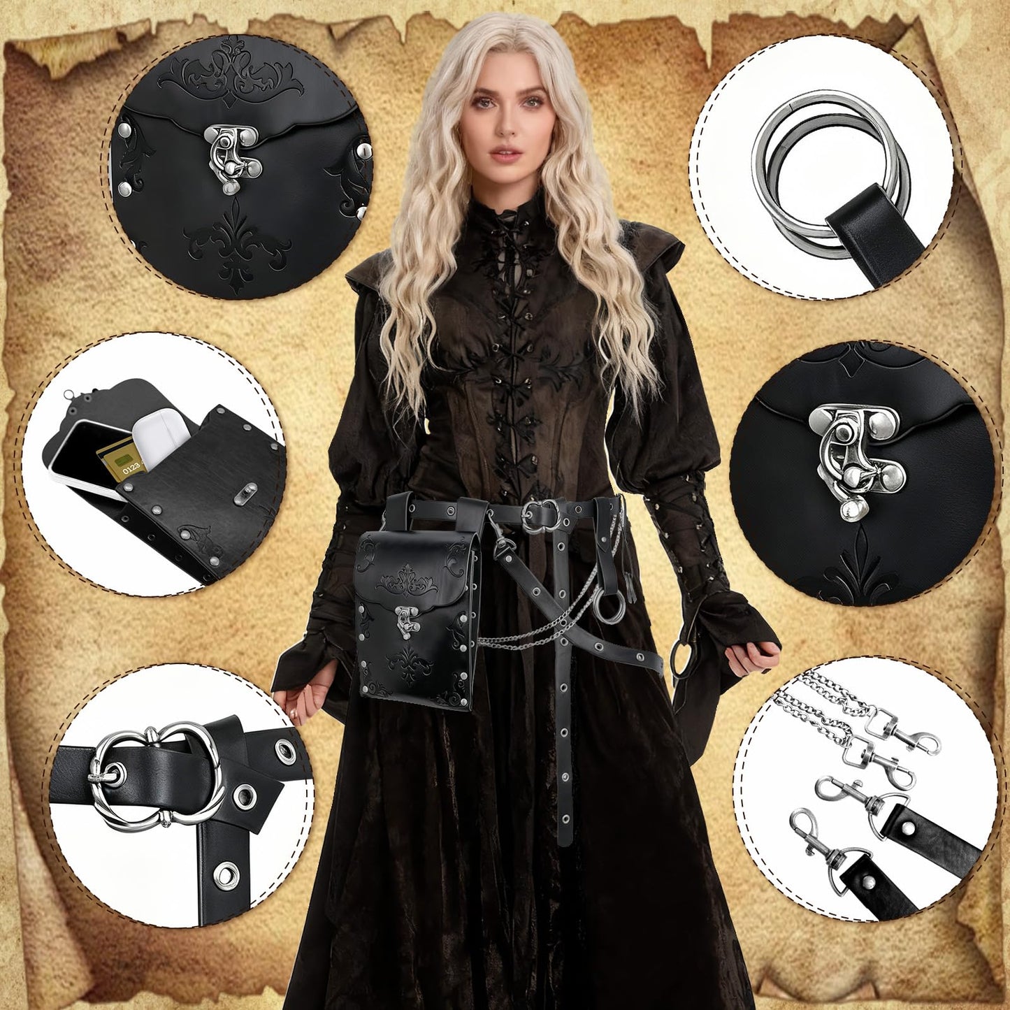 TobWeaL Renaissance Pirate Chain Belt Pouch Set - Medieval Viking Skirt Hike Faux Leather Waist Bag Costume Accessories for Cosplay (Black)