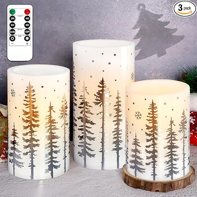 Christmas Flickering Flameless Pillar Candles with Remote Battery Operated Warm Light Silver Christmas Pine Tree Decal Real Wax Candle for Home Decoration Winter Party Gifts, Set of 3