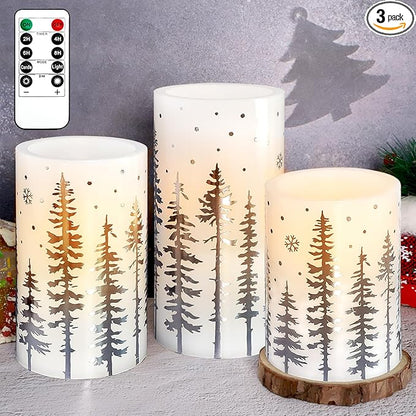Christmas Flickering Flameless Pillar Candles with Remote Battery Operated Warm Light Silver Christmas Pine Tree Decal Real Wax Candle for Home Decoration Winter Party Gifts, Set of 3