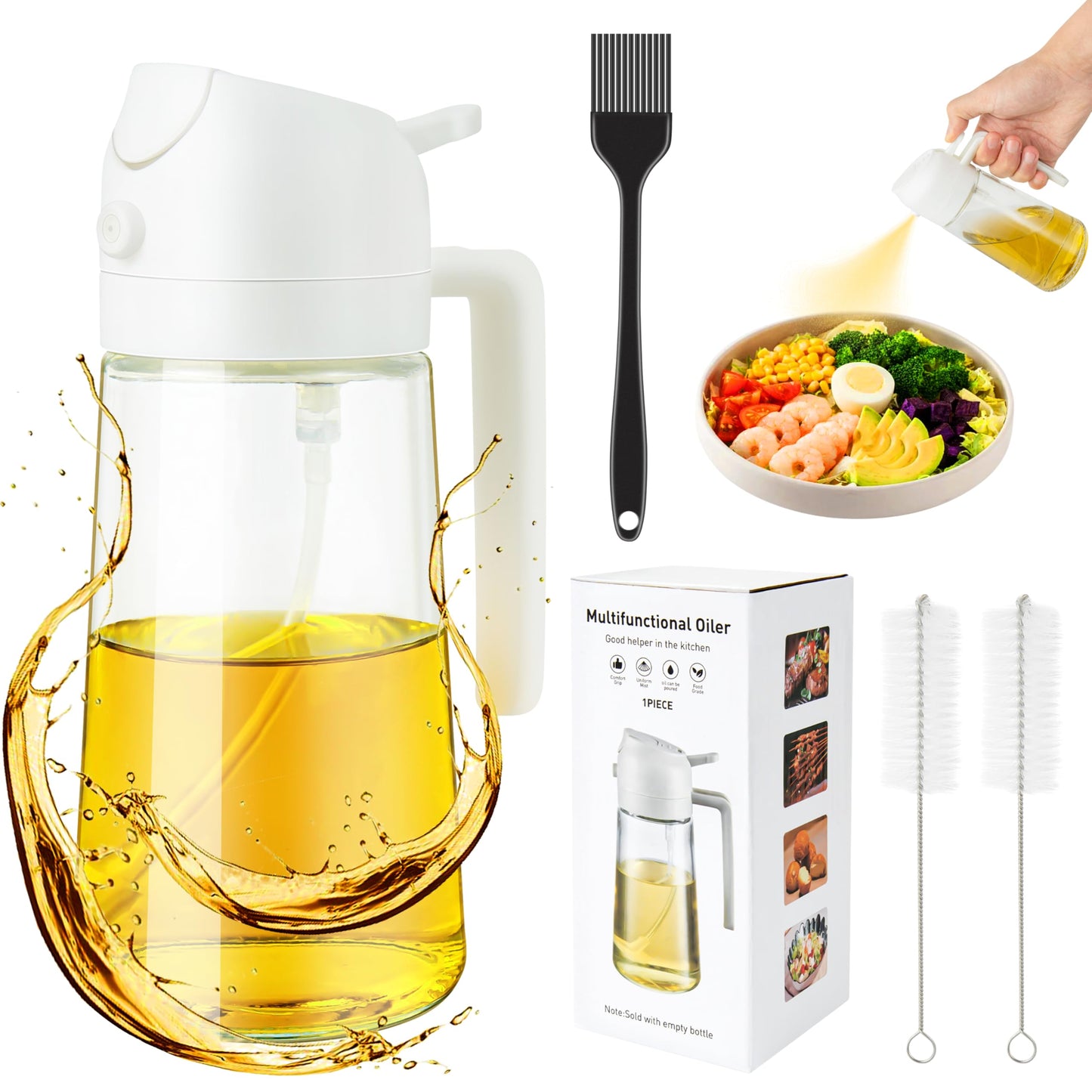 Ponpon Oil Sprayer for Cooking, 16oz Olive Oil Spray Bottle, Oil Dispenser for Kitchen for Barbecue, Salad, Cooking, Baking (Black)