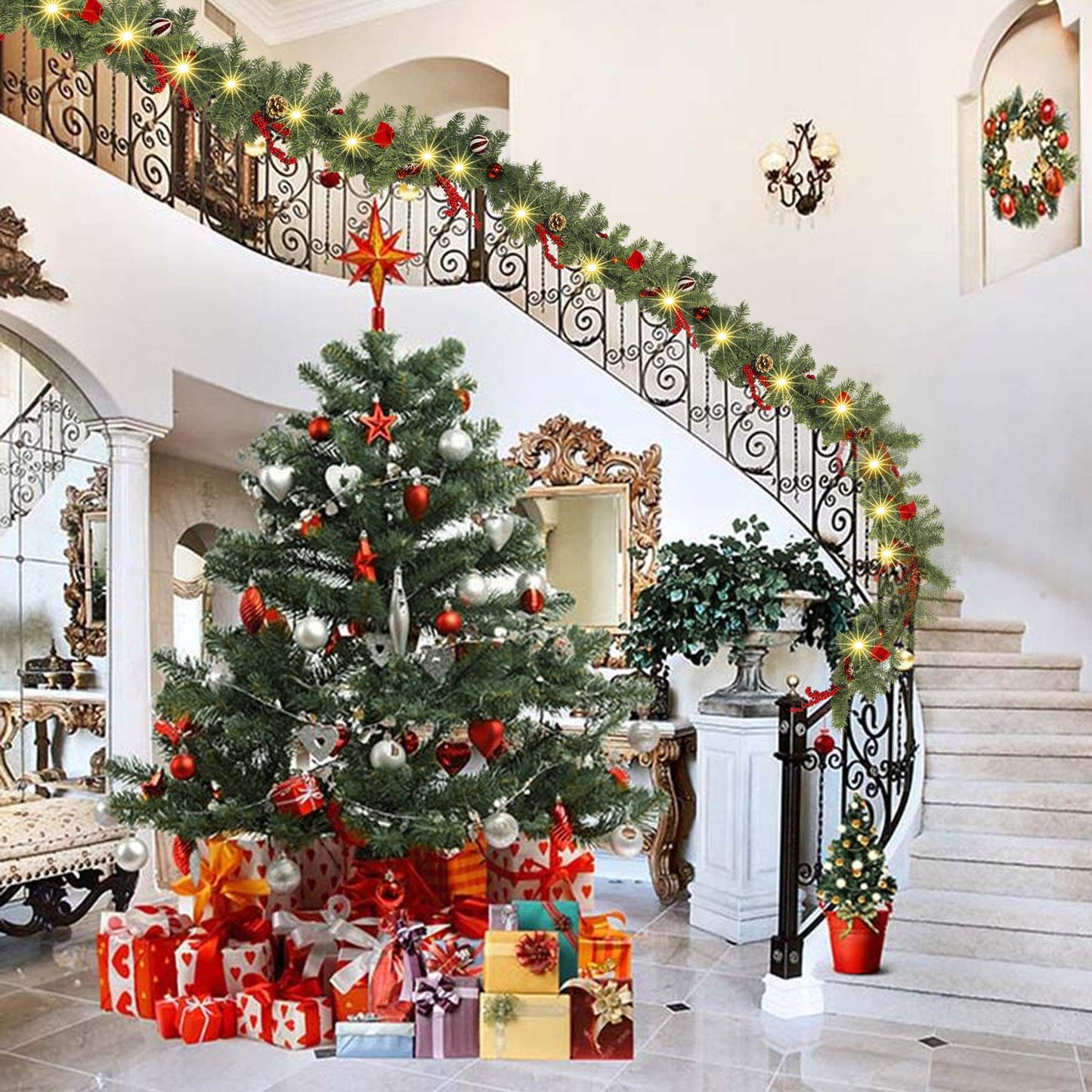 FUNPENY 9 FT Artificial Christmas Garland, Pre-Lit 50 LED Battery Operated Lighted Xmas Garland with 8 Modes for Indoor Holiday Door Home Decorations (Red)