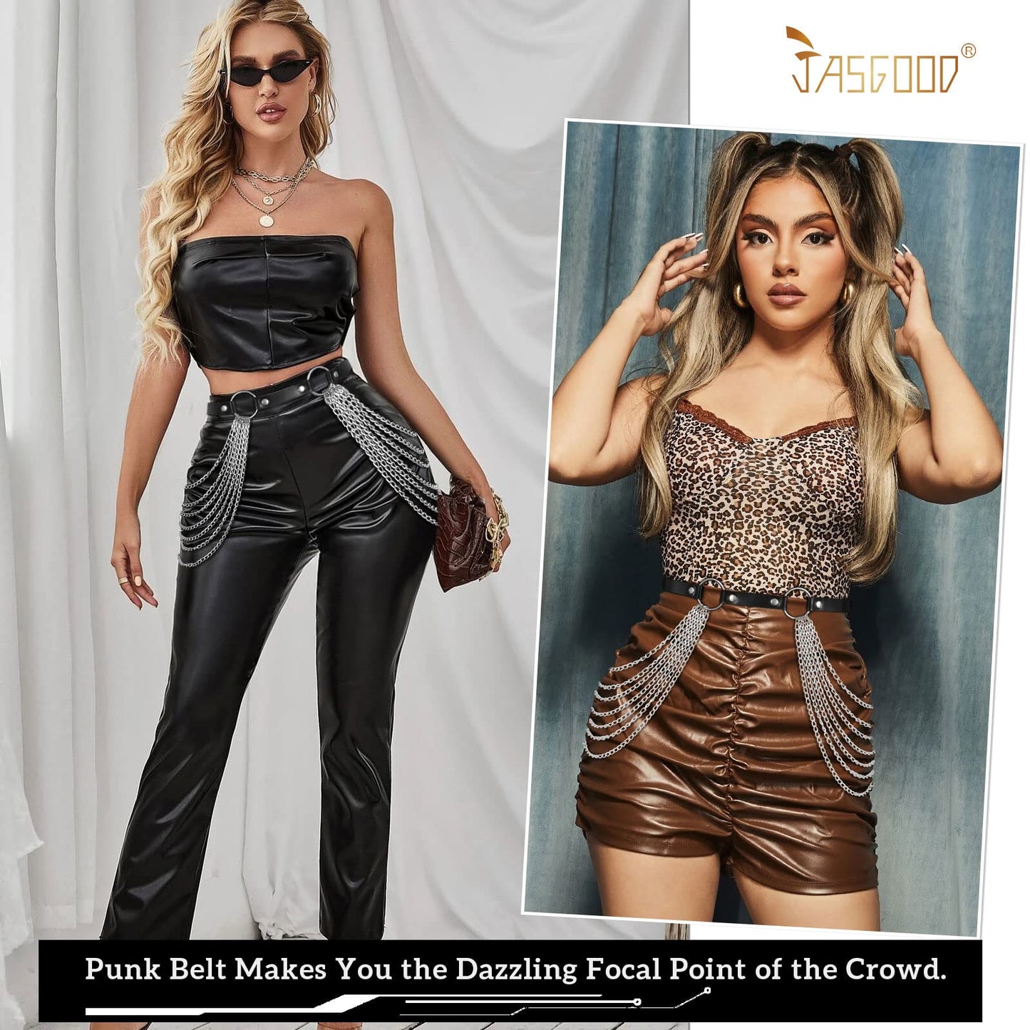 JASGOOD Women Punk Waist Chain Belt Black Leather Layered Belly Body Waist Chains Nightclub Rave Body Chain Belt for Girls,Black