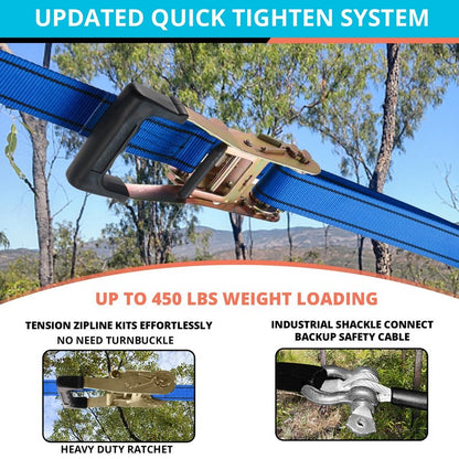HOKINETY Zip Line Kit for Kids Adults : Up to 450Lbs 200FT Quick Setup Zipline for Backyard Outdoor with 100% Rust Proof Removable Trolley Swing Seat Safety Harness Spring Brake