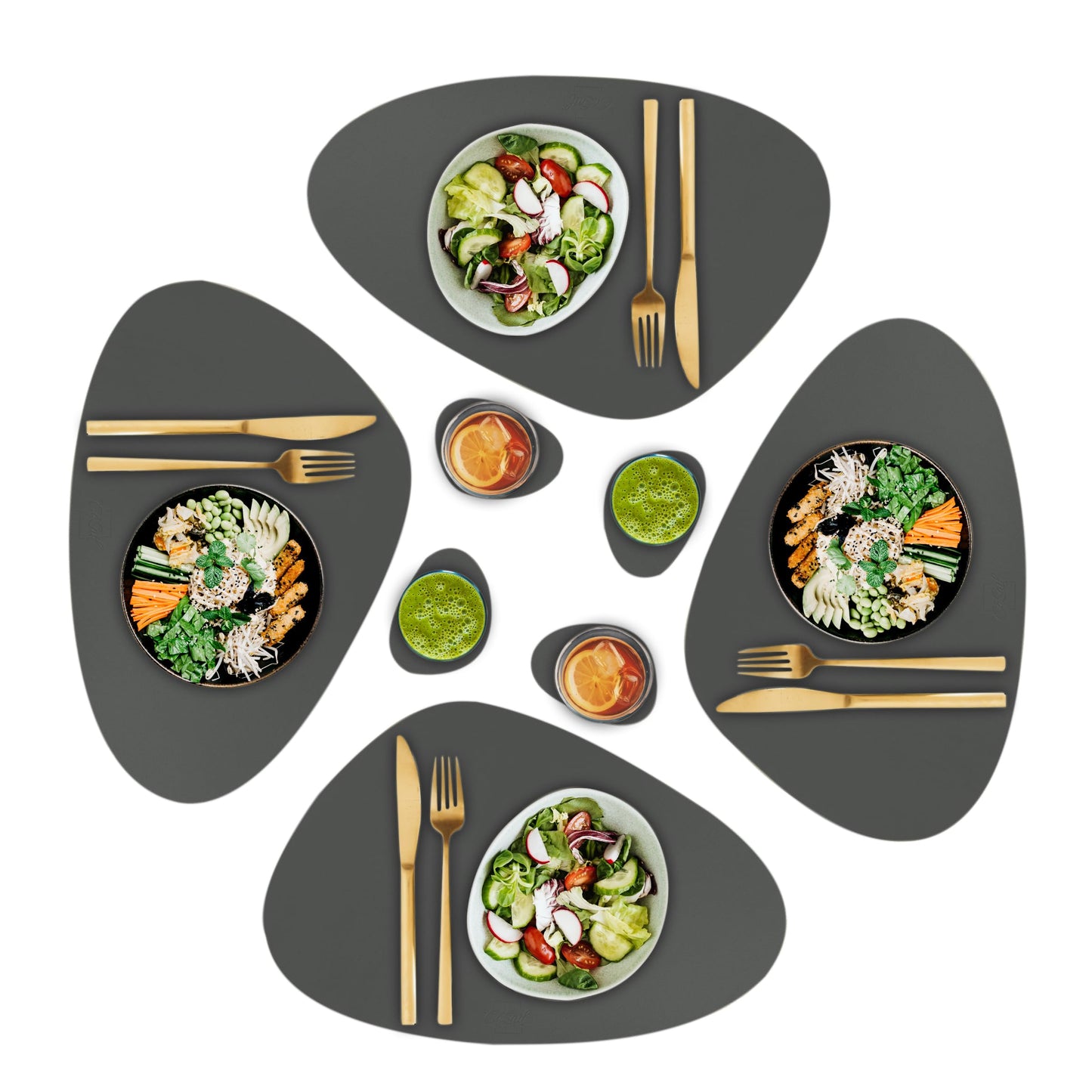 CaSail Faux Leather Placemats and Coasters - Set of 4 Round Modern Gray Table Mats for Dining - Heat Resistant, Waterproof & Non Slip Place mat for Indoor & Outdoor - Wipeable for Easy Care (Gray)