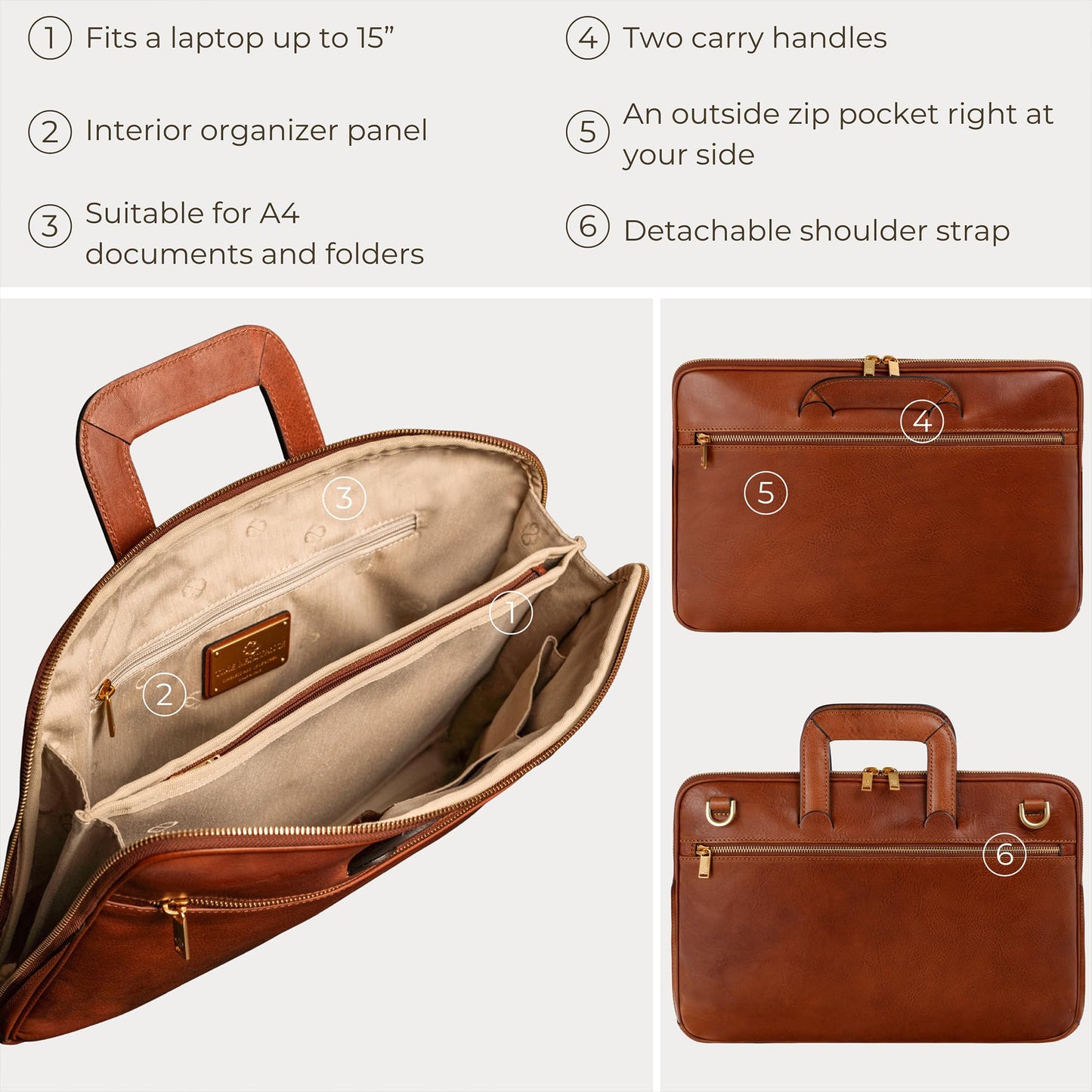 Time Resistance Slim Leather Briefcase - Italian Handmade Leather Laptop Bag for Men and Women (Cognac Brown)