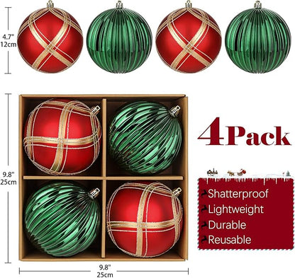 4.7" Large Plastic Christmas Balls Ornaments Set of 4, Glitter Shatterproof Christmas Bulbs Ornaments for Xmas Tree Decorations, Red and Green Ornament for Tree, Mantel, Garland, Winter, Holiday Decor