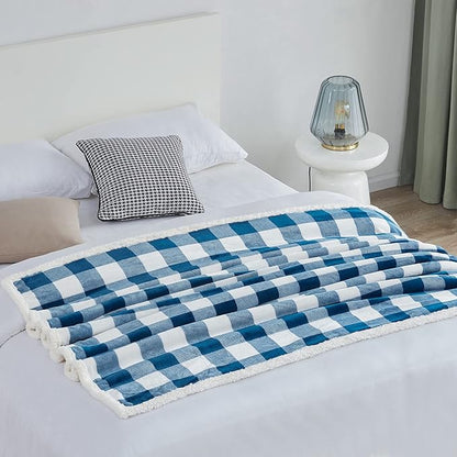 Touchat Sherpa Plaid Twin Blanket 60" X 70", Fuzzy Fluffy Soft Cozy Throw Blanket, Twin Size Plush Fleece Flannel Plush Microfiber Blanket for Couch Bed Sofa (Navy)