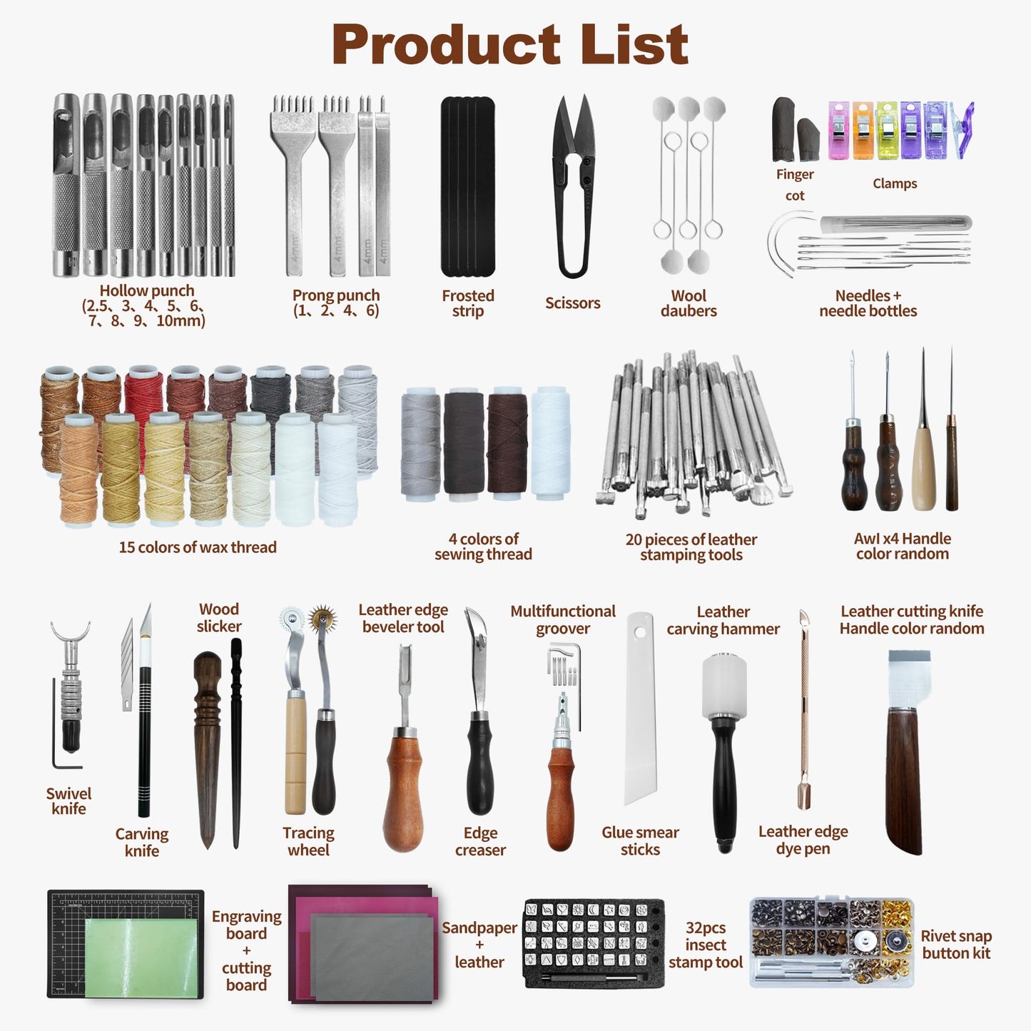 FIOQE Leather Tooling Kit Leather Craft Tools Leatherworking Kit 588Pcs DIY Set with Handbag for Bag Belt Wallet Engraving Punching Sewing Stamping Tools Professional