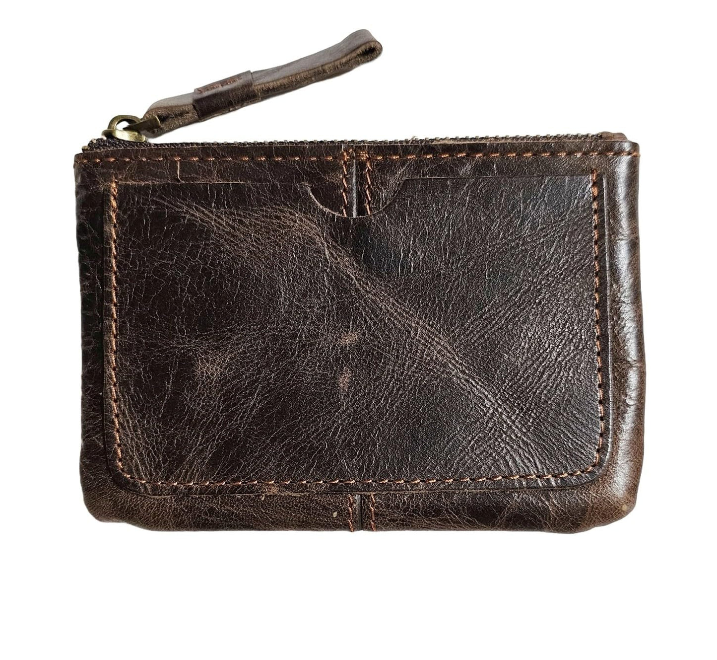 Genuine Leather Coin Purse Pouch for Women Men Vintage Cowhide Grain Leather Slim Mini Wallet Metal Zipper with Real Leather handle (Dark Brown)