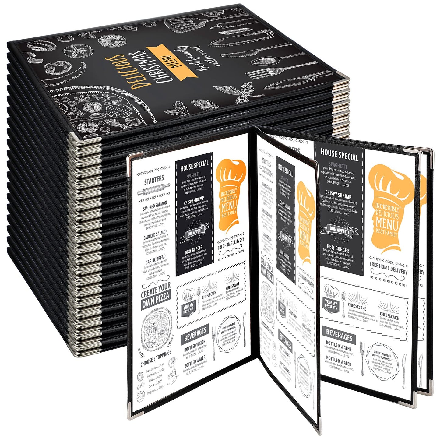 Henoyso 20 Pcs 8.5 x 11 Inch Menu Covers 4 Page 8 View Transparent Restaurant Covers Book Fits A4 Size Paper, Bar Cafe Clear Menu Holder Folder with Leatherette Trim and Decorative Corners, Black